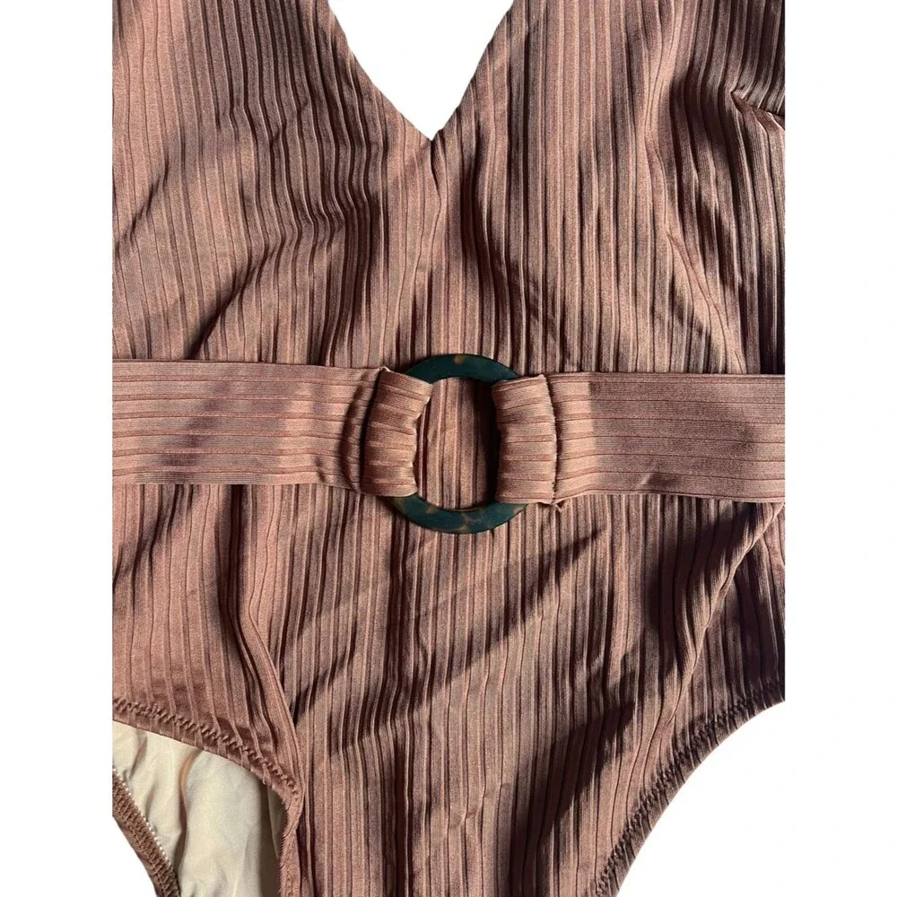 J.Crew NEW Wide Rib Belted One Piece Swimsuit Brown US 8 V Neck Beach Resortwear